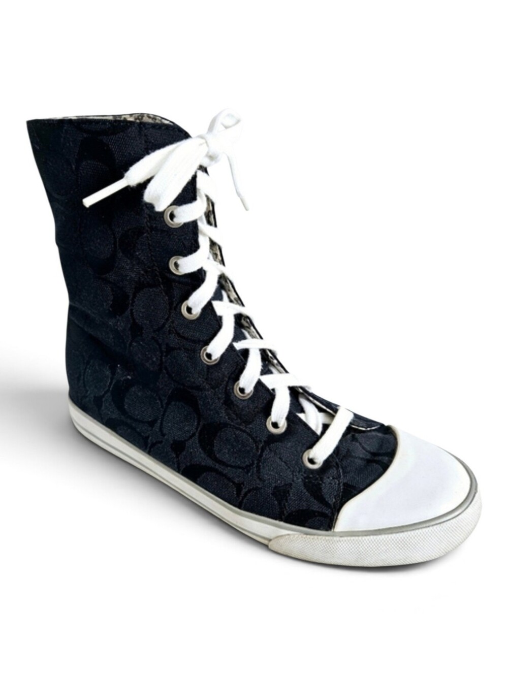 Coach Bonney High Top Sneakers 7 Signature C Canvas Fold Over Y2K Black White